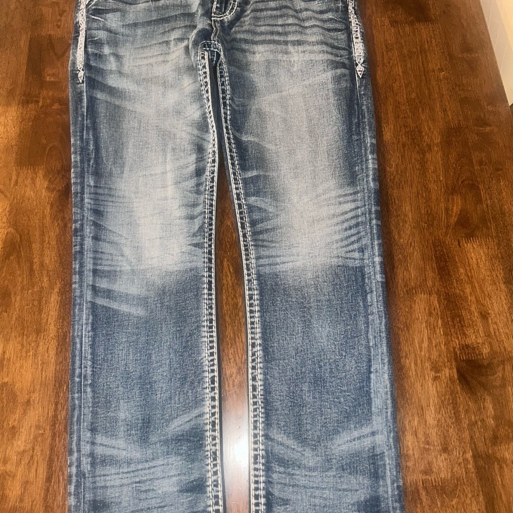Rock Revival Blue Straight Jeans with Vintage Distressing
